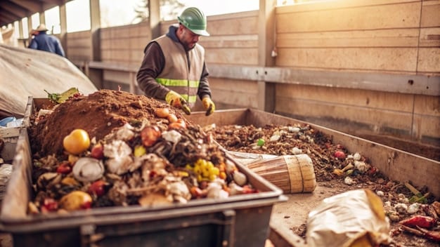 A visually appealing image of a community composting site. Residents are actively participating in sorting and layering organic waste into compost bins. The site is clean, well-organized, and surrounded by greenery, showcasing a sustainable and community-driven approach to composting. Educacional signage about composting practices is visible in the background.