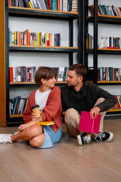 Mr. Thompson is shown in a school library, talking to a parent with a warm and encouraging expression. Bookshelves line the background, and the scene suggests a collaborative and supportive atmosphere aimed at student success.