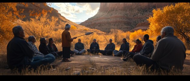 A group of veterans sitting in a circle in a national park, participating in a group therapy session. The therapist is leading the discussion, and the veterans are listening attentively, sharing their experiences and offering support to one another. The image should convey a sense of trust, vulnerability, and healing.