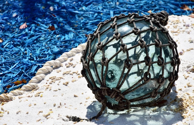 A close-up shot of the Ocean Cleanup System's floating barrier in the water, with various types of plastic debris visible within the barrier. The water is clear, and the barrier appears sturdy and well-maintained.