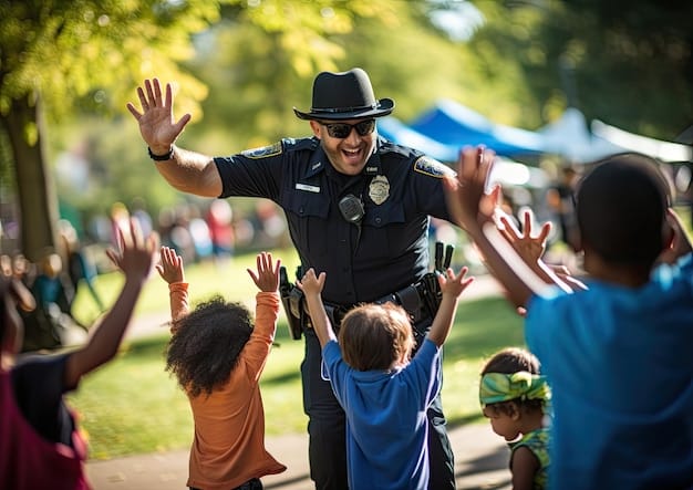 A photo of police officers interacting positively with children during a community event, playing basketball and laughing.