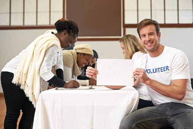 A photo capturing a community meeting held at the town hall, with people of diverse backgrounds actively participating. There are charts and posters displayed around the room outlining fundraising goals and strategies. The atmosphere is collaborative and focused.
