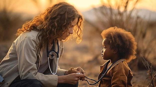 A US nurse is conducting a health check-up on a child in a rural community setting. The image captures a warm, personal interaction, with the nurse smiling reassuringly and the child appearing comfortable and engaged.