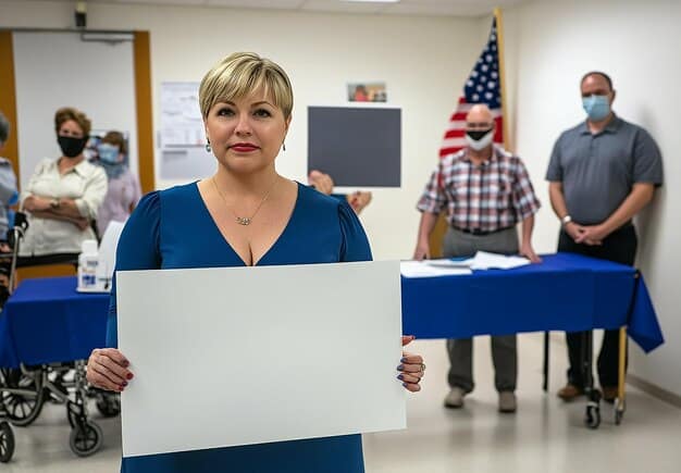A US nurse holds a health poster while speaking to a small group of adults in a community center, providing health education and information in a clear and engaging manner. The atmosphere is interactive and friendly, with participants nodding and asking questions.