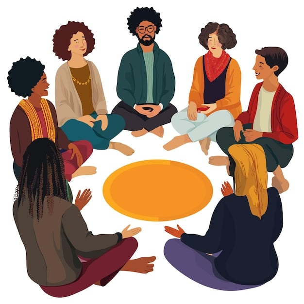 A diverse group of people sitting together in a circle, supporting each other during a recovery meeting, symbolizing community and advocacy.