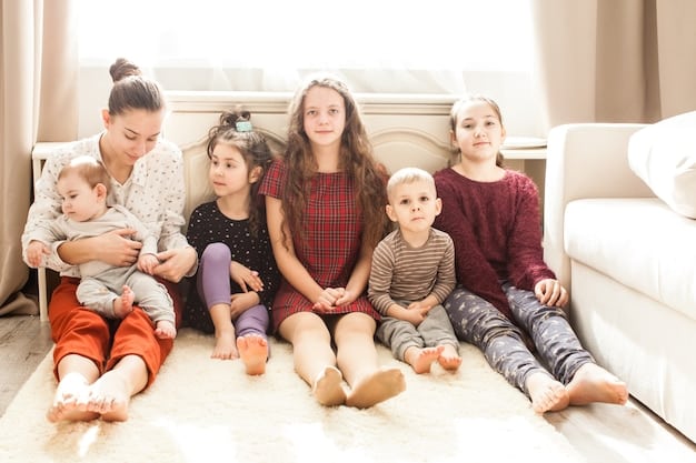 Seven siblings of varying ages, ranging from toddlers to teenagers, are playing together in a sunny backyard. They are laughing, running, and engaging in various games, demonstrating the joy and normalcy of childhood.