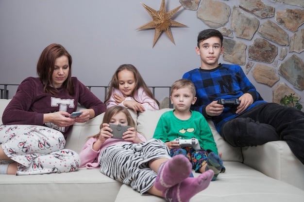 The adoptive parents are sitting on a couch, surrounded by the seven adopted siblings. The children are leaning on them, hugging them, and engaging in affectionate gestures, demonstrating the strong bonds of love and trust that have developed within the family.