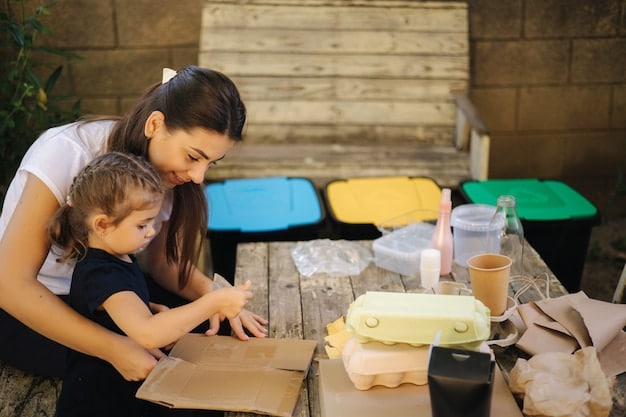 A photograph of the artist conducting a workshop with children, teaching them how to create art from recycled materials, with a focus on environmental education.