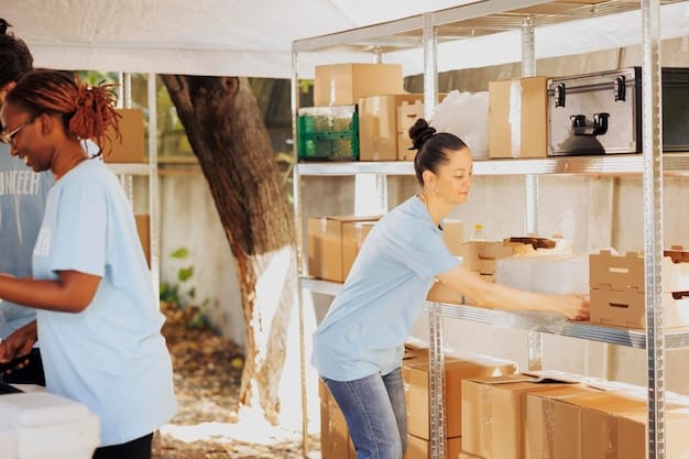 A brightly lit interior scene of a US food bank. Volunteers are sorting and packing fresh produce donated by a local community garden. Shelves in the background are stocked with other food items. The scene reflects a sense of organized effort and community support ensuring those in need have access to nutritious food.