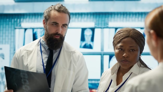 A heartwarming scene of a doctor and a US scientist, both smiling, examining test results together in a bright, modern medical office setting. Both figures convey hope and optimism.