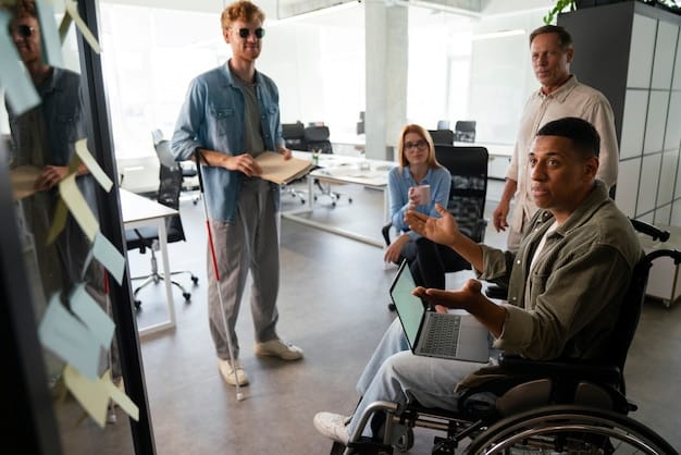 The entrepreneur leading a training session for employees with disabilities, teaching them new skills or technologies. The atmosphere is positive and encouraging.