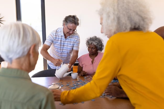 An image showing diverse group of people volunteering at a senior community center, engaging in activities like gardening, reading, and playing games with elderly residents. The atmosphere should be lively and inclusive.