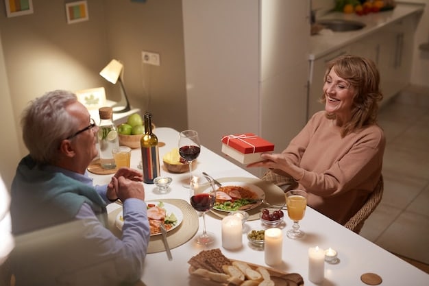 A close-up image of a senior citizen smiling while receiving a warm meal delivered by a volunteer. The scene should be set in a cozy home environment, emphasizing the comfort and personal touch.