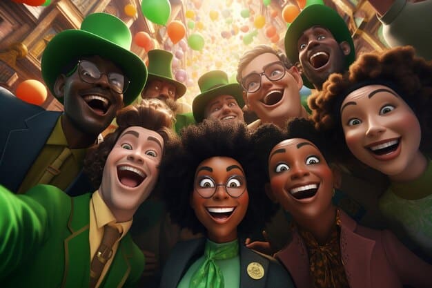 A vibrant image of a group of diverse people smiling and laughing, surrounded by animated stars and hearts. The backdrop is brightly colored with multiple hues, creating a joyful and celebratory atmosphere. The focus is on the genuine happiness and connection between the individuals.