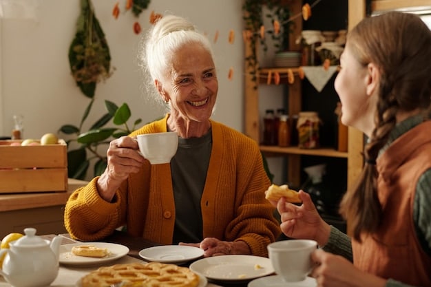 An elderly woman receiving a hot meal delivered by a volunteer. The volunteer is smiling warmly, and the woman looks grateful and content. The background is a cozy home setting.