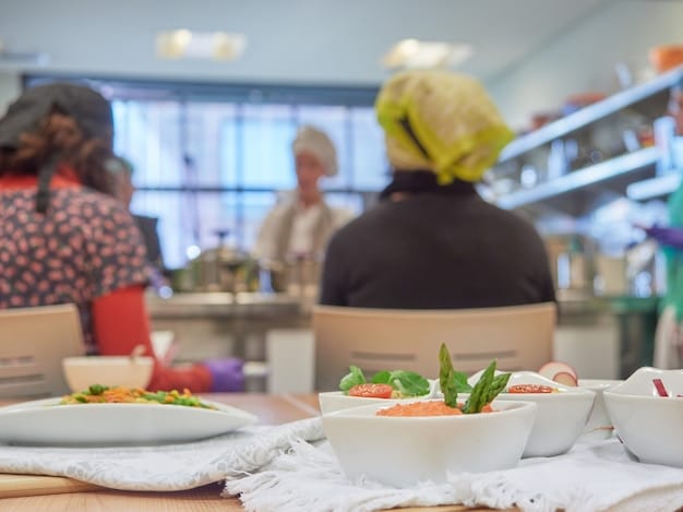 A volunteer at a soup kitchen serving a meal to a person in need, with a warm smile and eye contact. The setting is clean and well-organized, and other volunteers are visible in the background.