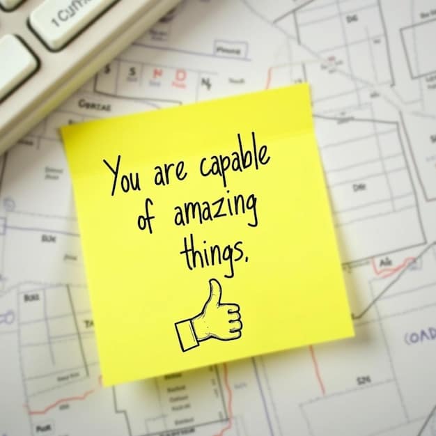 A person writing a positive note on a brightly colored sticky note, at a desk with encouraging messages and inspirational objects around. The hand is visible and the note says 