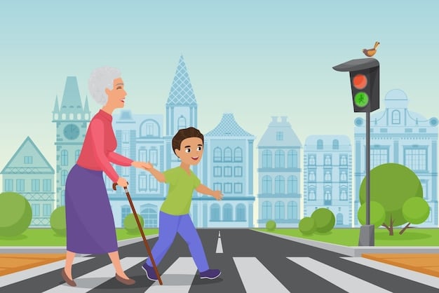 A person helping an elderly woman cross the street, showcasing a simple act of kindness.