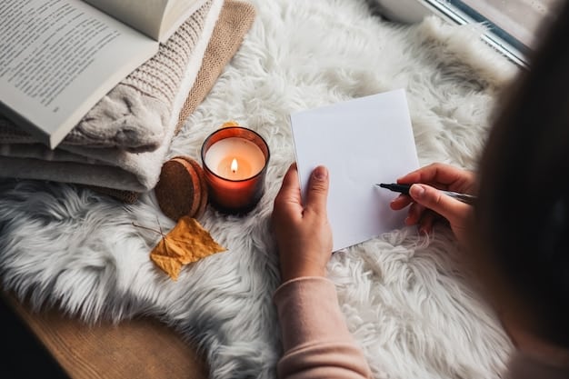A person journaling about their feelings after receiving an act of kindness, showcasing self-reflection and awareness. Set in a cozy, comfortable setting.