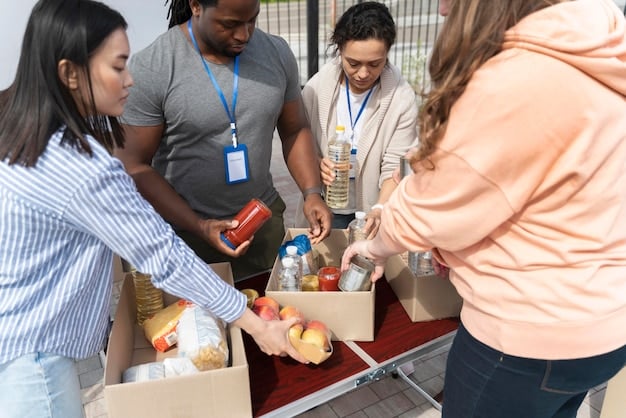 A diverse group of community members participates in a charity event, receiving donated items such as clothing, food, and household supplies. The event is lively and supportive, symbolizing the positive impact of community support and kindness.