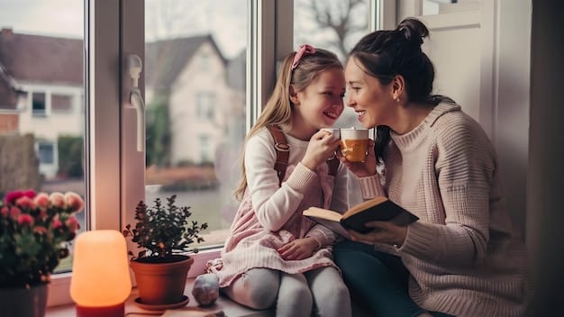 A single mother with a relaxed smile, enjoying a book in a quiet coffee shop while knowing her child is in safe hands. The scene conveys a sense of peace and relief.