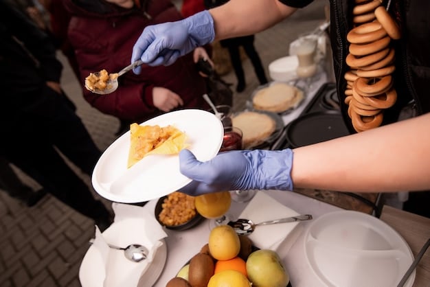 A close-up shot of a volunteer carefully plating a nourishing meal for a guest at a soup kitchen. The focus is on the quality and presentation of the food, highlighting the care and dignity that goes into serving each individual.