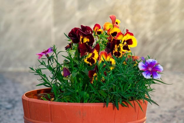A vibrant flower bed showcasing a variety of colorful flowers, including petunias, marigolds, and zinnias, arranged in a visually appealing pattern. Bees and butterflies are seen fluttering around the flowers.