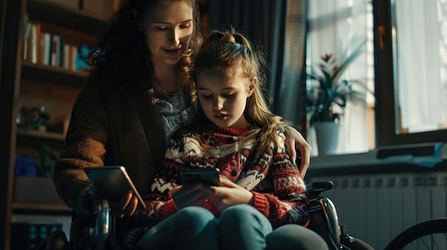 A young girl sitting next to an elderly woman in a wheelchair, reading a book aloud with enthusiasm. The elderly woman is smiling and listening attentively, her hand gently placed on the girl's arm in a gesture of affection. Soft natural light filters through a nearby window.