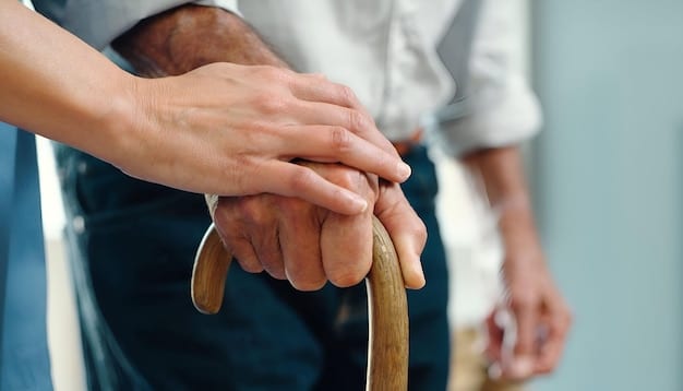 A volunteer holding the hand of an elderly man in a nursing home. The elderly man is looking up at the volunteer with a soft smile, his eyes filled with gratitude. The background is blurred, focusing the viewer's attention on the connection between the two individuals.
