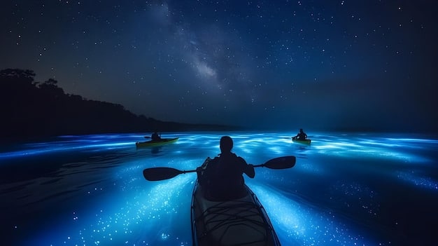 A person kayaking at night in a bioluminescent bay. The kayak is surrounded by glowing blue water, and the person is paddling, creating trails of light in the water.