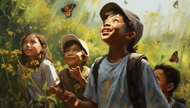 A diverse group of citizen scientists, including adults and children, participating in a monarch butterfly tagging event. They are gathered in a field of wildflowers, holding nets and tagging equipment. The atmosphere is one of enthusiastic engagement and learning.