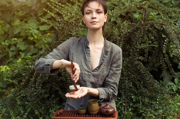 A close-up photograph of a Native American medicine woman demonstrating the preparation of a traditional herbal remedy, using mortar and pestle to grind herbs, with a backdrop of a lush forest.