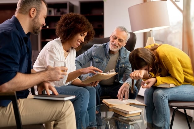 A multigenerational group of people participating in a family literacy workshop. They are engaged in activities that incorporate both English and Spanish languages. The atmosphere is warm and supportive.