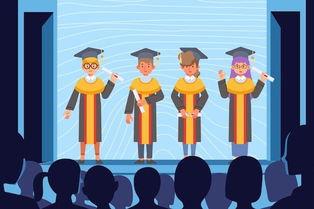 A celebratory scene of students receiving their graduation diplomas on stage. The teacher is standing on the side, beaming with pride. Parents and family members are in the audience, clapping and cheering. The stage is decorated with school colors and graduation banners.