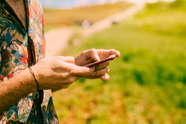 A close-up shot of a hand using a smartphone to access a telehealth app. The background is blurred, showing a rural landscape.