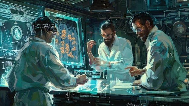 A conceptual image depicting a futuristic medical research lab, with scientists collaborating and analyzing data on holographic displays. Emphasize teamwork and innovation in the pursuit of further advancements in Alzheimer's treatment.