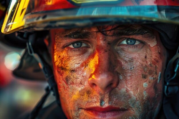 A close-up photo of a firefighter's face, smudged with soot, but with eyes showing determination and focus. The helmet reflects the orange glow of the fire.
