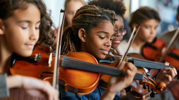 A group of diverse children playing various musical instruments (violins, trumpets, drums) in a music classroom. They are smiling and engaged, with a supportive teacher guiding them. The setting is colorful and inspiring, representing a vibrant learning environment.