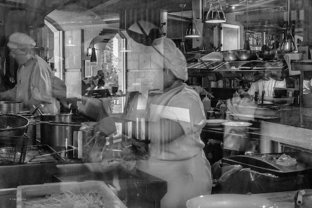 A close-up shot of a bustling commercial kitchen in the US, with chefs and volunteers working together to sort and prepare a variety of fresh produce and ingredients. The focus is on the vibrant colors and textures of the food, emphasizing its quality and the effort being put into reducing waste. Stainless steel equipment and organized workstations highlight efficiency and hygiene.