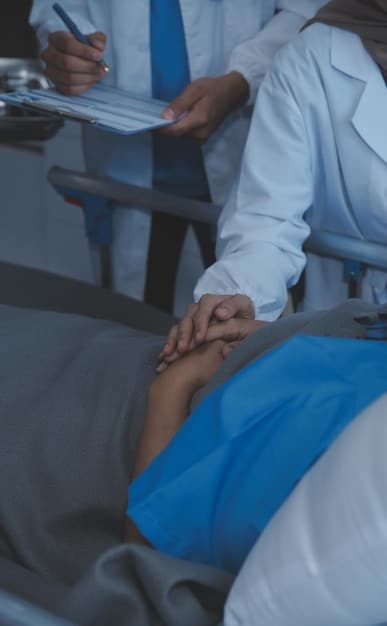 A close-up of a doctor's hands gently examining a patient, emphasizing the trust and care involved in providing medical services to a vulnerable population. The setting is a simple examination room.