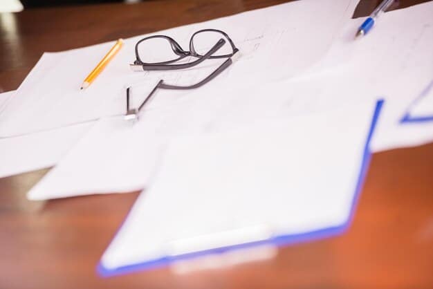 A close-up shot of legal documents with handwritten notes and annotations. A pair of glasses rests on top of the documents, suggesting careful review and attention to detail. The image conveys the complexity of legal work and the importance of thorough preparation.