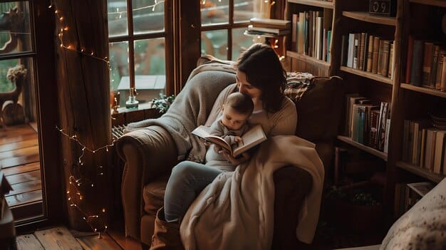 A heartwarming picture showing adoptive parents reading a book to their new foster child in a cozy living room setting. All seem happy and content.
