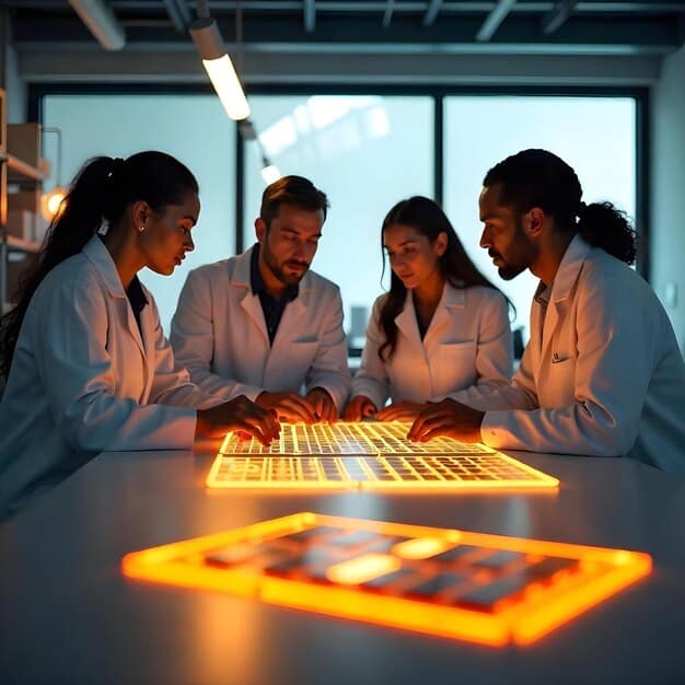 A diverse group of scientists collaborating in a brightly lit laboratory setting, examining data on computer screens and discussing findings. The image emphasizes teamwork and the collaborative nature of modern scientific research.