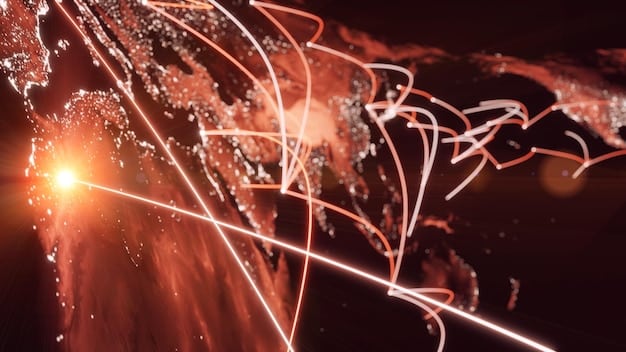 A visual representation of global cyberattacks, with illuminated lines connecting various points on a world map, symbolizing interconnected threats and the urgent need for defense.
