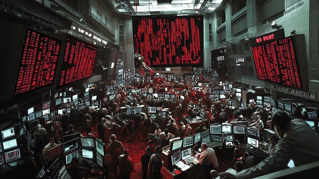 A chaotic scene on a stock exchange floor with traders looking stressed, screens showing red downward arrows, and news tickers displaying headlines about economic uncertainty and a potential debt default.