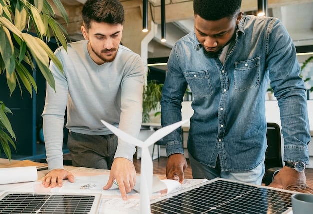 Engineers in hard hats reviewing blueprints for a large-scale renewable energy facility, with diagrams of wind turbines and solar arrays on a table.