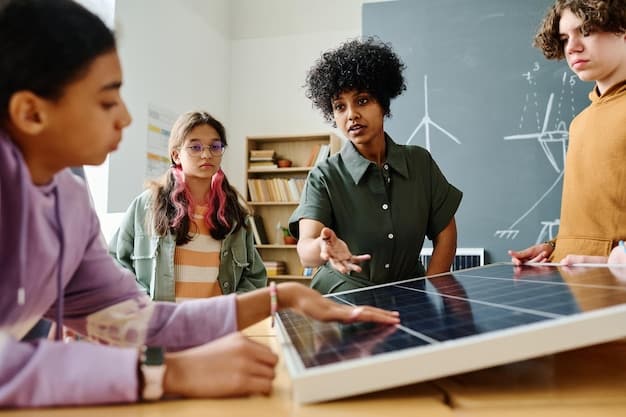 A diverse group of trainees attending a workshop on solar panel installation, a hands-on learning environment demonstrating workforce development.