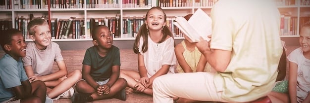 A diverse group of children happily engaged in learning activities in a modern, well-lit school classroom, representing positive educational outcomes linked to stable housing.