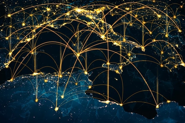 A visual representation of a complex, interconnected global network with glowing lines representing data flow, superimposed with national flags of allied countries. The image emphasizes international cooperation and shared digital infrastructure.