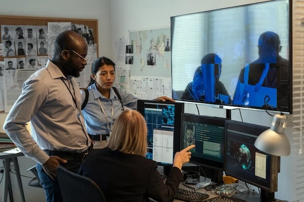 A diverse group of cybersecurity professionals collaborating in a high-tech control room, monitoring data streams and cyber threats on multiple screens. The image emphasizes human expertise and teamwork in network defense.